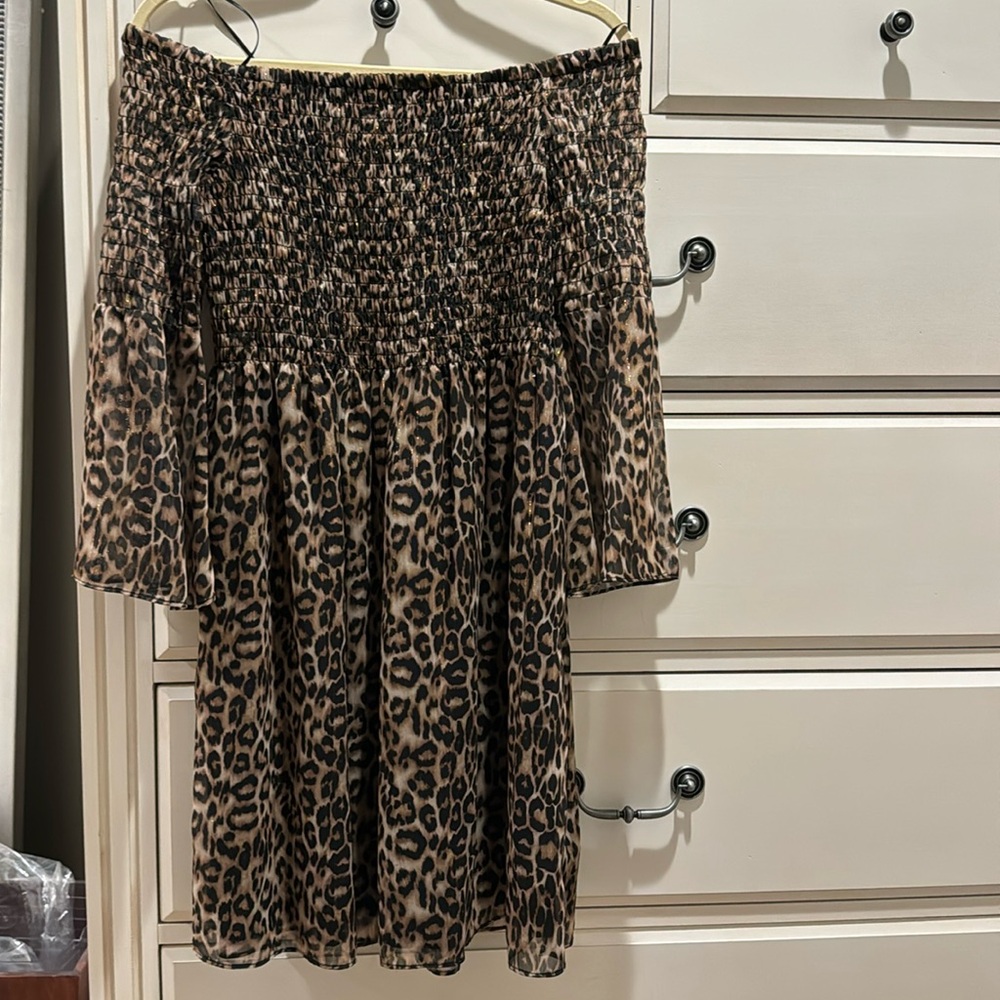 Sam Edelman leopard print off the shoulder mini dress. Black lined. Flair sleeve